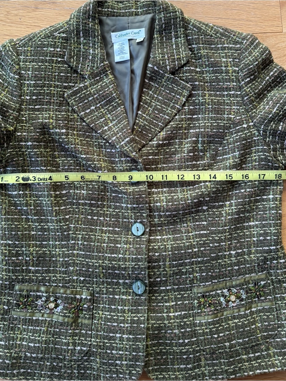 EUC Coldwater Creek Olive Green Tweed Embellished Women's Blazer Jacket, Sz PS - Picture 11 of 12